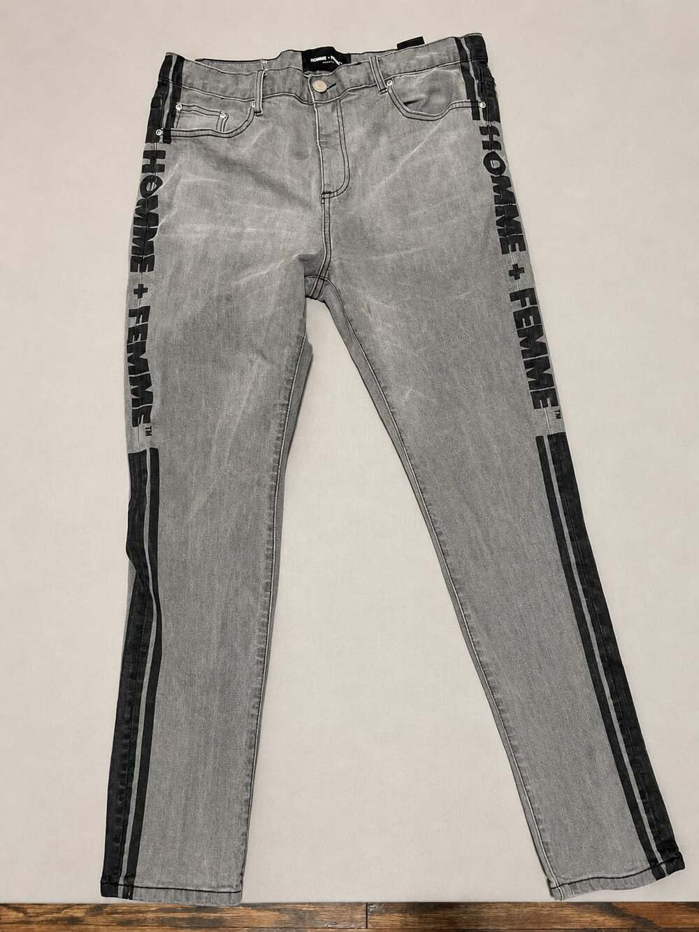 Homme + Femme Logo Side Stripe Grey Denim Jeans Size 38